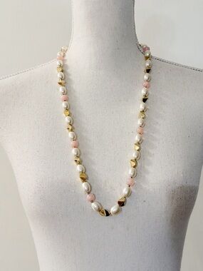 Napier Vintage Faux Pearl & Soft Pink Beaded Long Necklace